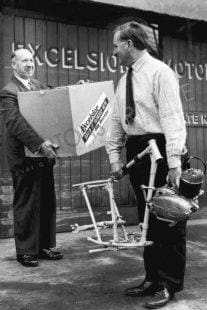 Bob Currie and Jack Wise pose with Excelsior Consort motorcycle kit, devised to avoid purchase tax