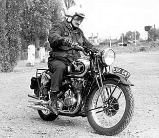 The late Bob Currie, founding editor of the Classic Motorcycle, enjoys a spin on a Thirties classic Matchless Model X