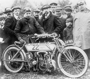 Rem Fowler, winner of the twin cylinder class at the inaugral 1907 TT with his Peugeot-powered machine