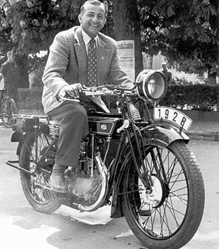 HP 'Happy' Muller poses on his 1928 NSU classic motorcycle