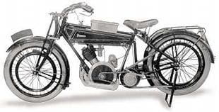 Distinctive Powell motorcycle, with its inclined, outside flywheel Blackburne engine