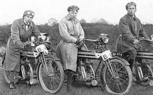 Apruil 1910 and three riders pose with their Rover motorcycles