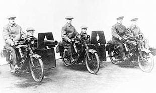 Scott sidecar machine guns driven by Alfred Angas Scott, J Normal Lingfield and Frank Applebee