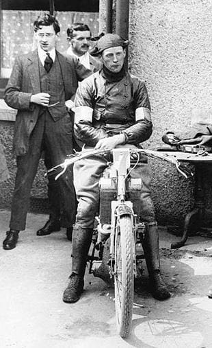 Frank Applebee after winning the 1912 Senior TT on a Scott motorcycle