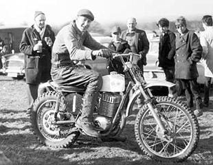 Sprite works rider Dennis ' Jonah' Jones poses on a Maico-engined 360cc Sprite motorcycle in 1967
