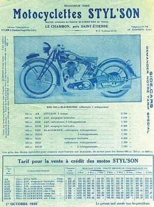 Styl'son motorcycle sales brochure from 1930. Illustrated model has Blackburne engine