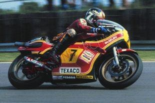 Barry Sheene on Suzuki racer in 1978 British GP