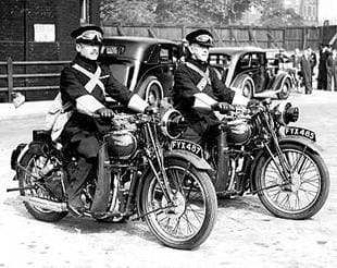 Two Triumph Speed Twin classic motorcycles ridden by Dispatch Rider Force