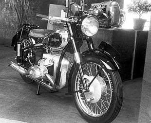 Universal flat twin classic motorcycle on display at Brussels show in January 1950