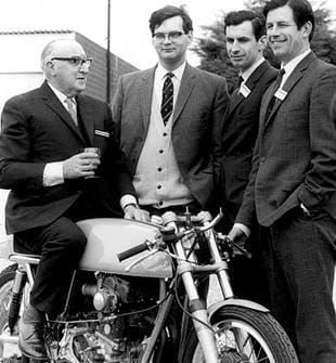Motorcycle engineer Harry Weslake with Miek Daniels and Don and Derek Rickman