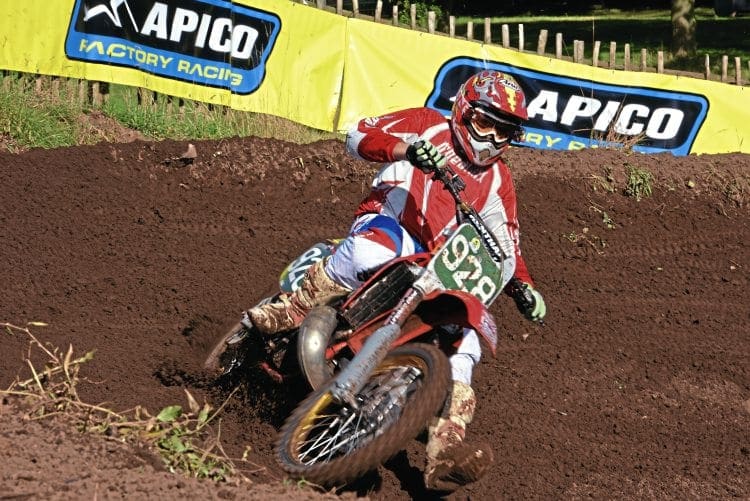 One of the Legends Evo riders, Honda-mounted Rick Du Feu powers through the berm. 