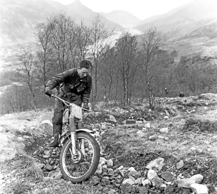A last-minute inclusion in the official AJS trials team, young Rob Edwards on Loch Eilt Path in the SSDT 1964 during which he won the best 350 cup. 