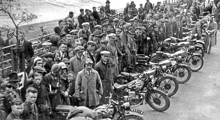 Motorcycle are lined up, with owners and onlookers behind, for the Bristol Motorcycle rally of 1933. Image: MORTONS ARCHIVE 