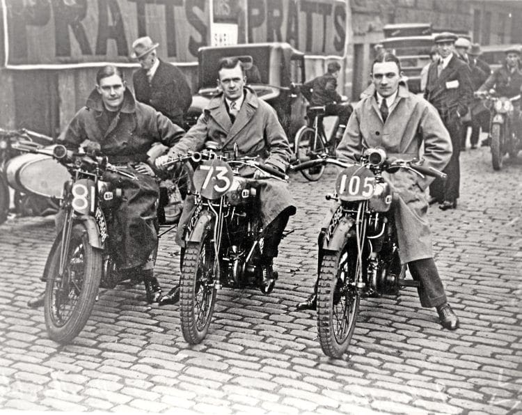 Pictured from left, Peter Chamberlain, Bert Perrigo and John Humphries – the 1929 BSA Scottish Six Days Trails team.