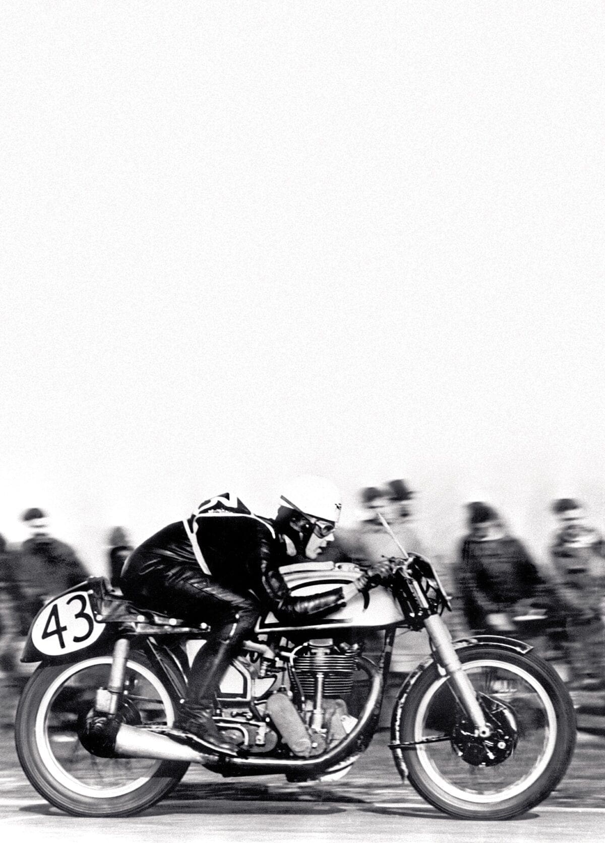 The first postwar motorcycling superstar - Geoff Duke - The most famous Duke picture - it encapsulates a new era of the 'first' postwar motorcycle racer. One piece leathers, featherbed frame... Blandford Camp, featherbed debut, 1950.