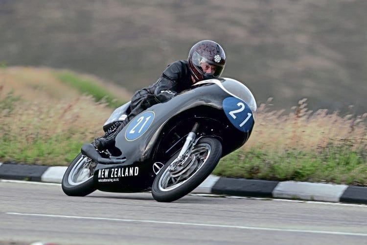 TT course veteran Bill Swallow presses on aboard the Eldee Velocette. 