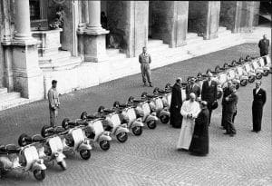 Picture shows the scene at St. Peter's Rome, when His Holiness Pope Pius XII blessed twenty new scooters whitch have been preented to the National Dutch Charity Organization by catholics of Turin. (As featured in Motor Cycle 23rd July 1953, page 113.)