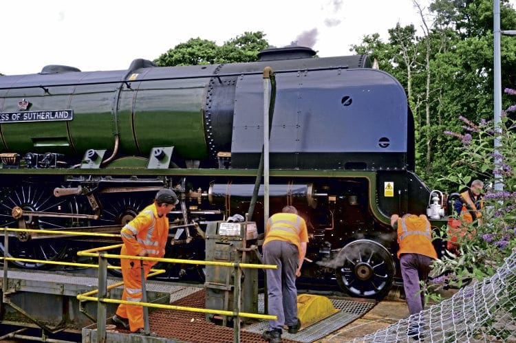 The Duchess is a tight fit on St Blazey turntable. CLASSIC TRACTION