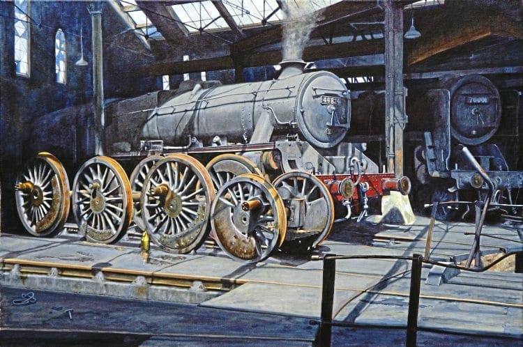 Wheels within wheels: LMS ‘Black Five’ 4-6-0 No. 44824 is at rest in the Leeds Holbeck shed roundhouse in this painting by Guild of Railway Artists associate member Christine Pulham, with Britannia Pacific No. 70001 Lord Hurcomb in the shadows. Chris has put forward the work, with two other paintings, for possible selection for inclusion in the guild’s Railart 2016 exhibition at the Severn Valley Railway museum, which runs from August 27-October 2.