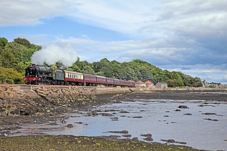 LMS 4-6-0 No. 46100 Royal Scot passes Culross with a Scotrail ‘Forth Circular’ trip on August 13. TREVOR GREGG