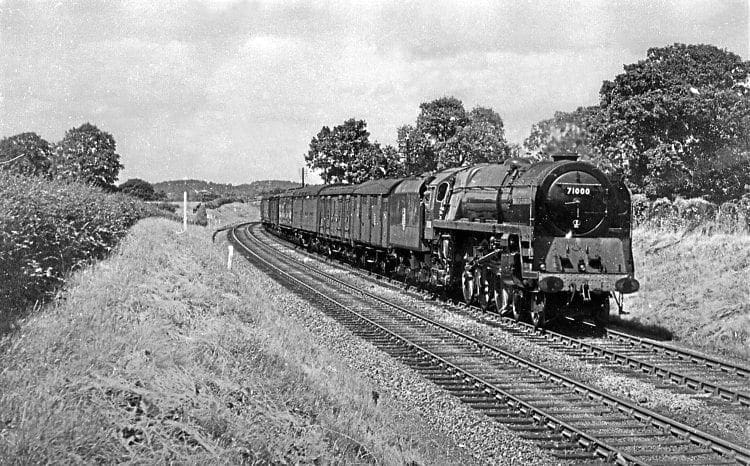 A previously-unpublished view of No. 71000 Duke of Gloucester on the Crewe-Shrewsbury line in 1955. PETER KENYON