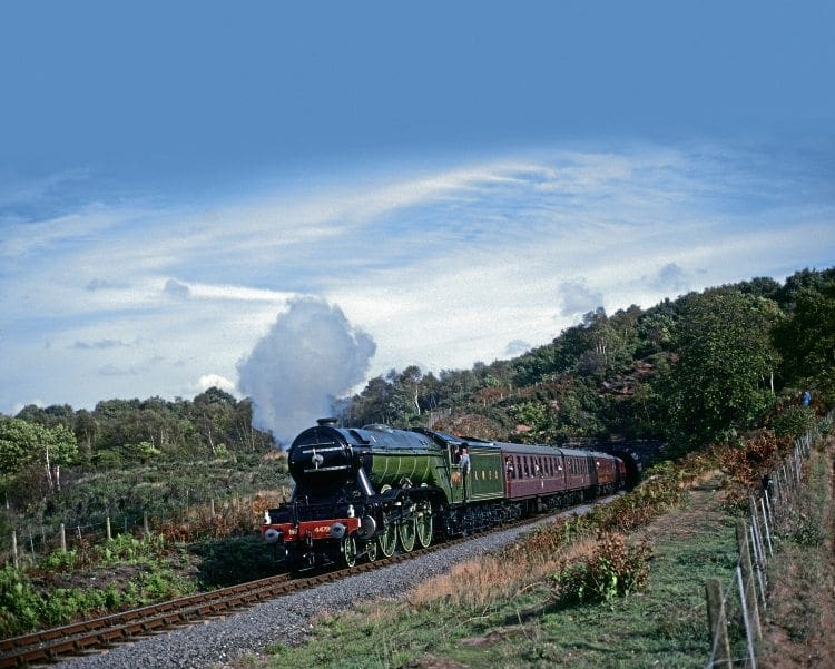 Before it regained its German style smoke deflectors in preservation, Flying Scotsman as LNER No. 4472 emerges from Foley Park tunnel on the Severn Valley Railway on October 14, 1990. BRIAN SHARPE