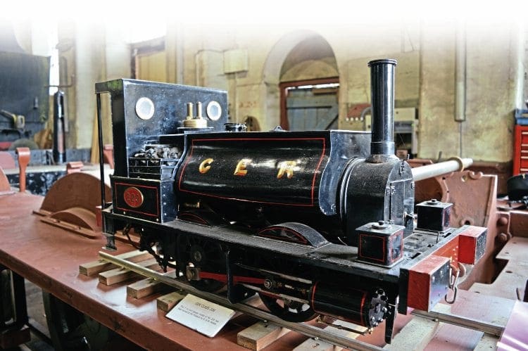 This 7¼ in gauge model of ‘Coffee Pot’ 0-4-0ST No. 229 currently sits on the leading right-hand portion of the running board of the full-size locomotive, which is currently under restoration in the Flour Mill Workshops. 