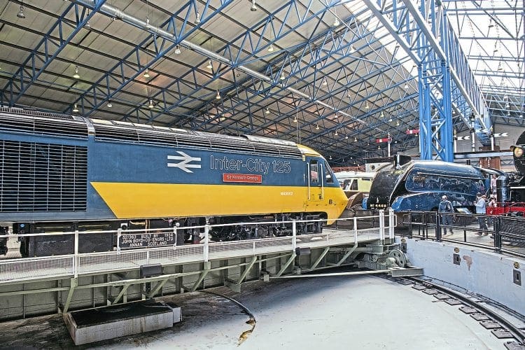 High Speed Train power car No. 43002 Sir Kenneth Grange on the turntable in the Great Hall of the National Railway Museum. GWR
