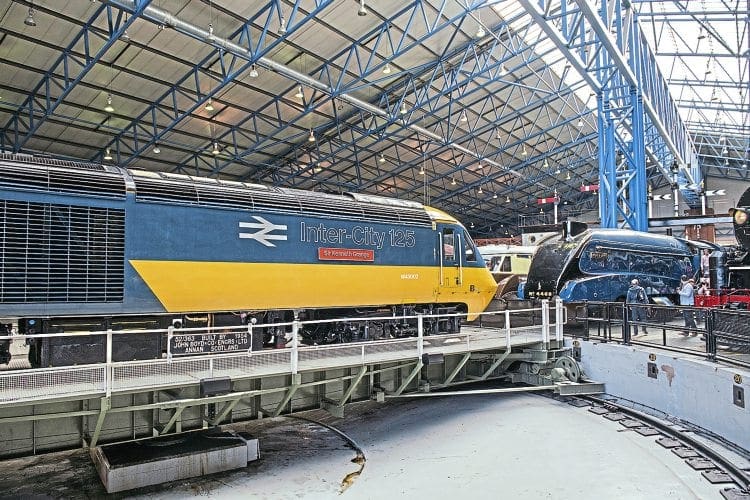 High Speed Train power car No. 43002 Sir Kenneth Grange on the turntable in the Great Hall of the National Railway Museum. GWR 