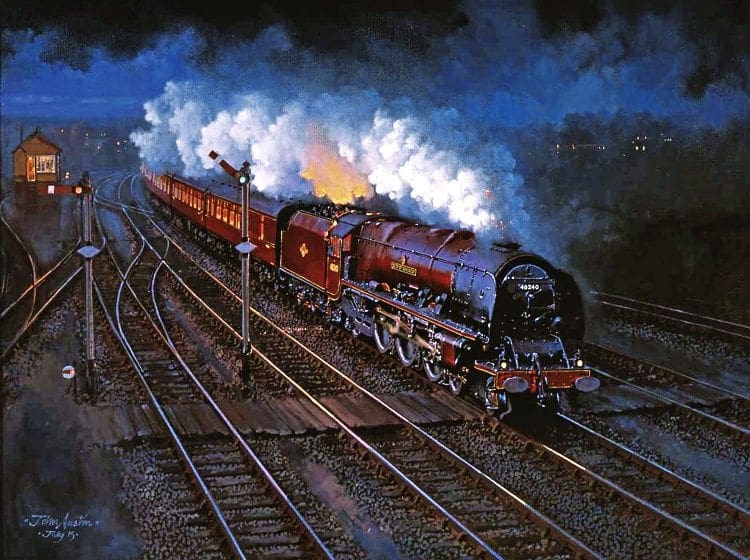 Duchess at night: Visitors to the Guild of Railway Artists Railart 2016 exhibition voted as their favourite this painting by John Austin of LMS Princess Coronation No. 46240 City of Coventry speeding south at Tamworth with a night-time express from Scotland. 