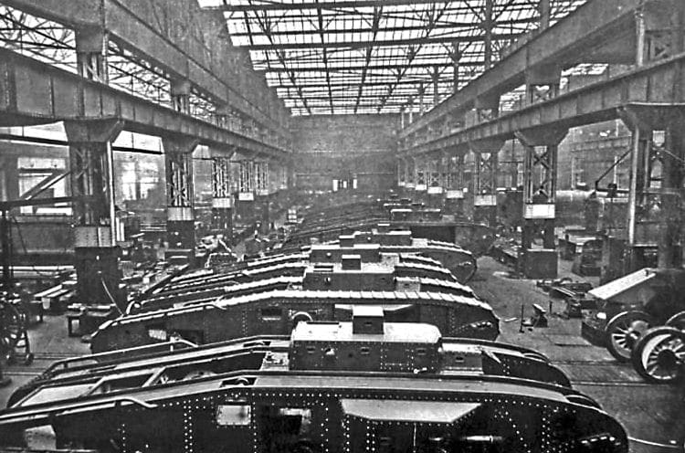 War and peace: First World War Mk VIII tanks being built in the North British Locomotive works in Springburn, Glasgow, in 1918, alongside steam locomotives, just visible on the right. NBL PRESERVATION GROUP COLLECTION 