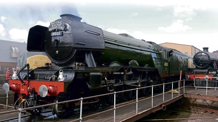 LNER A3 Pacific No. 60103 Flying Scotsman stands on the turntable at Tyseley Locomotive Works. ROBIN JONES 