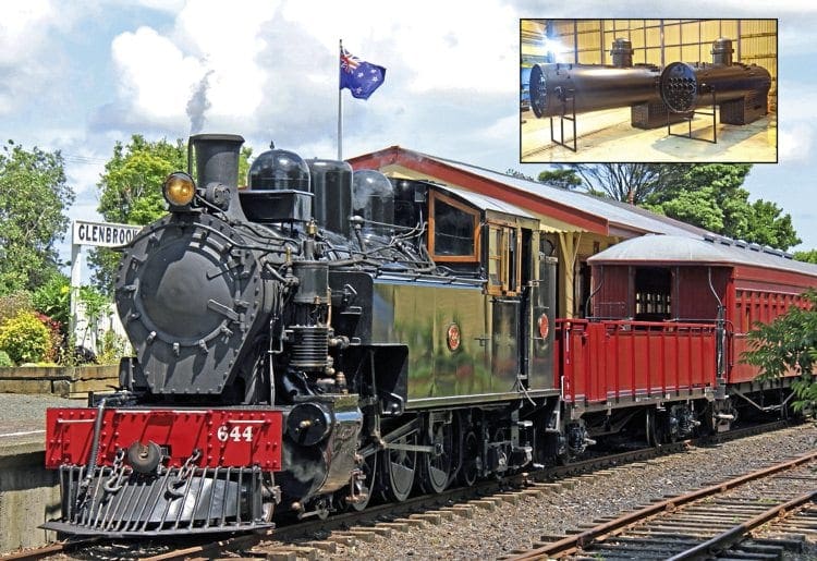 Waiting for the off: Former New Zealand Railways Ww Class No. 644 awaits its next turn on the Glenbrook Vintage Railway. Boilers for the 4-6-4T and classmate No. 480 have recently been completed by RCR Energy for the 4½-mile line near Auckland. Inset: The two new boilers prior to delivery to the railway. ROBIN RUSSELL/RCR ENERGY