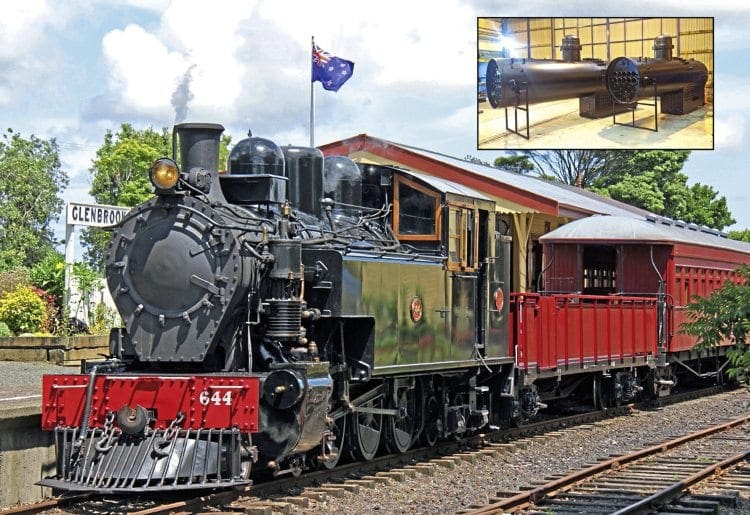 Waiting for the off: Former New Zealand Railways Ww Class No. 644 awaits its next turn on the Glenbrook Vintage Railway. Boilers for the 4-6-4T and classmate No. 480 have recently been completed by RCR Energy for the 4½-mile line near Auckland. Inset: The two new boilers prior to delivery to the railway. ROBIN RUSSELL/RCR ENERGY 