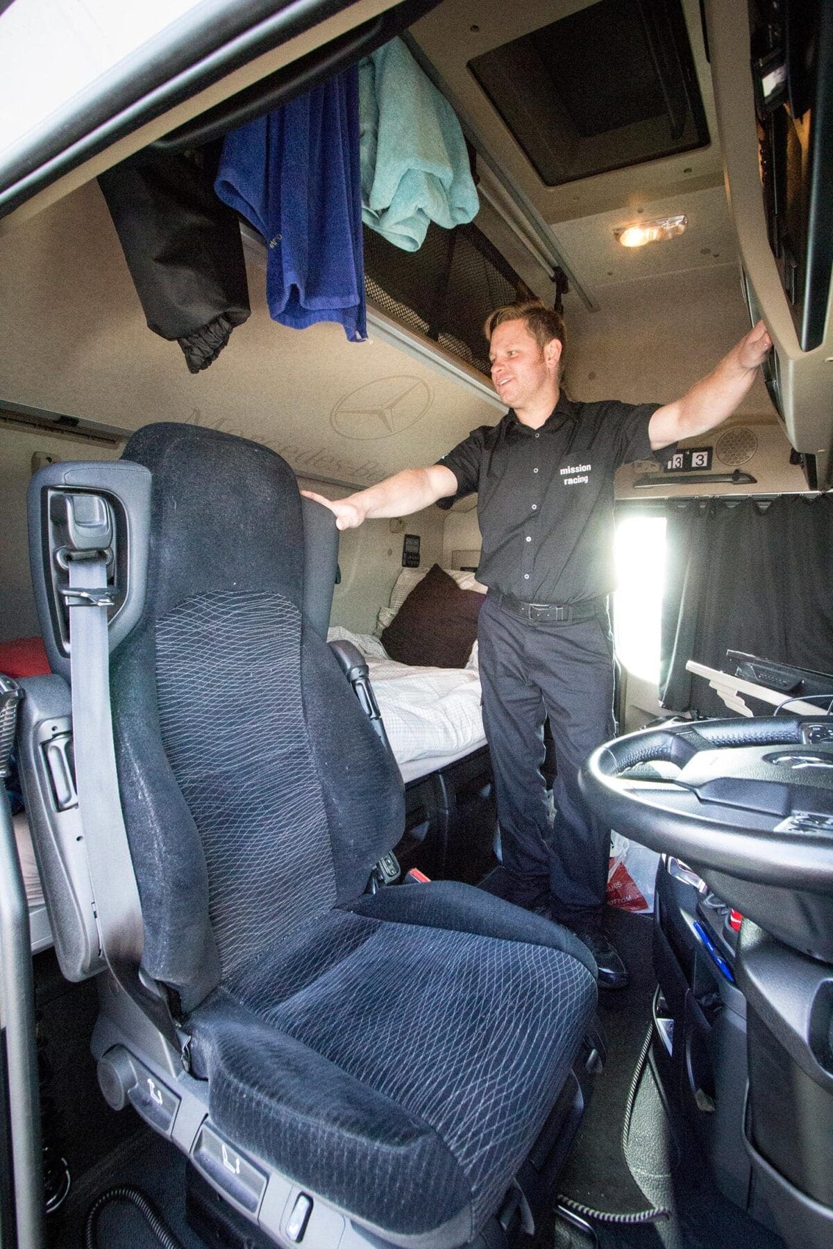 Russ Owen in the cab he and his partner share during race meets.