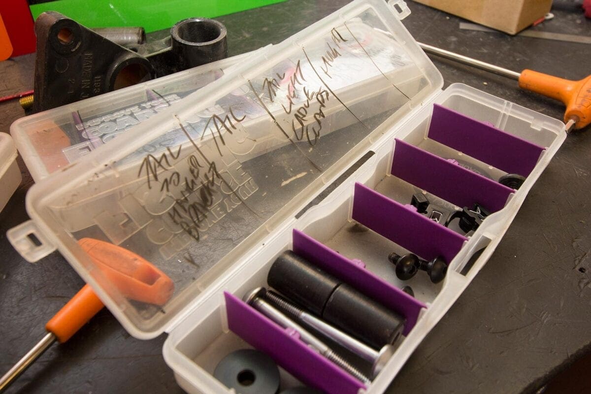 I stripped the bike in Chris’ workshop, but knowing it would be a few weeks until it went back together, I used old tackle boxes to label the fixings.