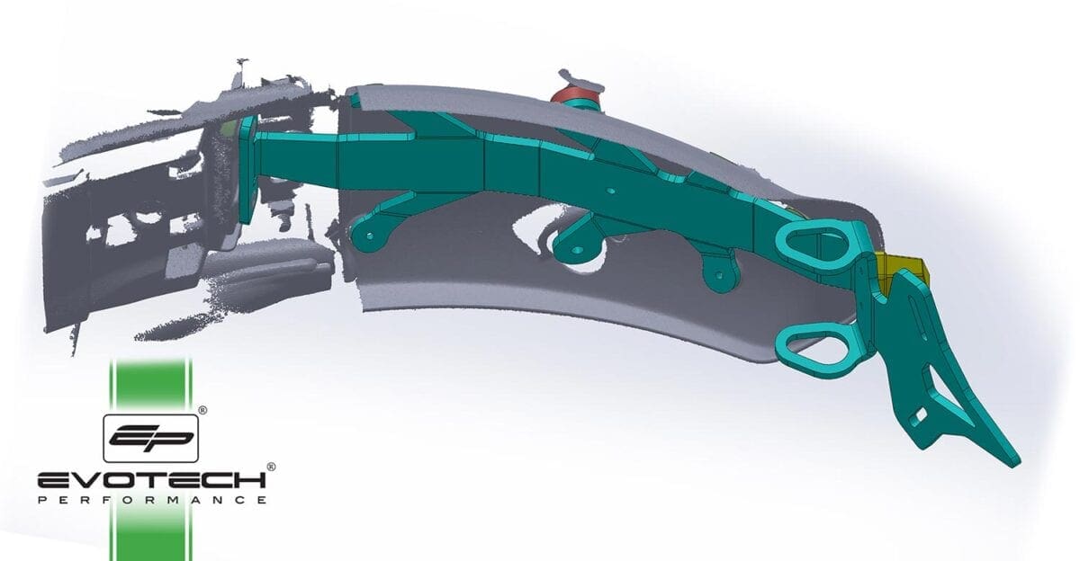 Evotech’s powder-coated, machined aluminium XSR tail tidy is going to massively improve the looks of the bike. Here the computer-generated model is laid over the 3D scan of my bike.