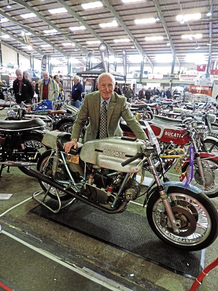 Colin Seeley is seen at Stafford with a 1971 500 Grand Prix Ducati in April 2015. He made the frames for works riders Phil Read and Bruno Spaggiari when Ducati made its debut in the big class at GP level.