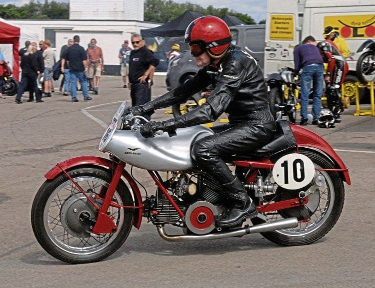 Sammy Miller prepares to demonstrate the 1951 120-degree V-twin Moto Guzzi Bicilindrici. 