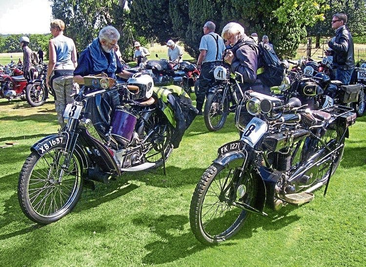 A moment for quiet reflection during the International West Kent Run, with Roger King’s 1914 Scott Standard and Bill Mills’ 1921 AJS Model