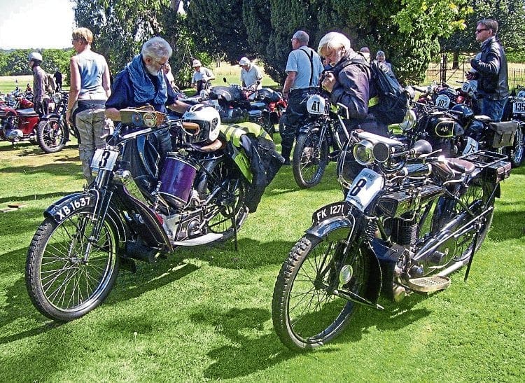 A moment for quiet reflection during the International West Kent Run, with Roger King’s 1914 Scott Standard and Bill Mills’ 1921 AJS Model 