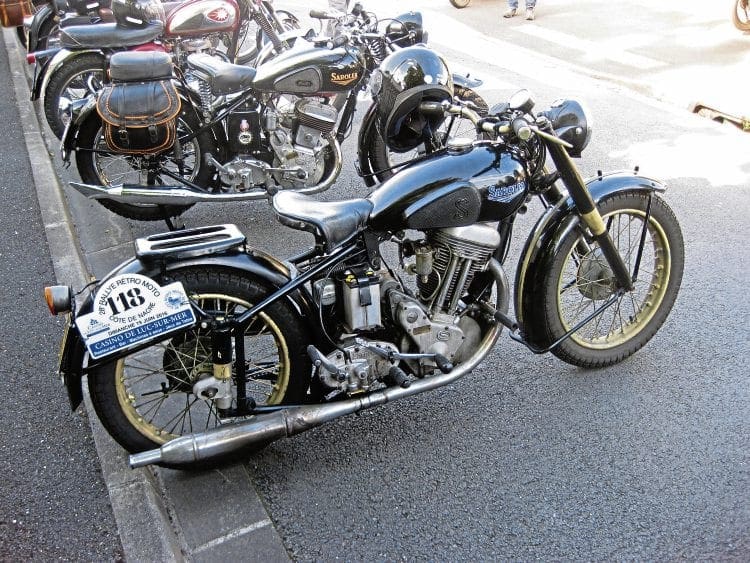 The beauty of continental classic bike events is that you come across gems like these two Belgian Sarolea motorcycles nearest the camera, the first looking distinctly Panther-like.