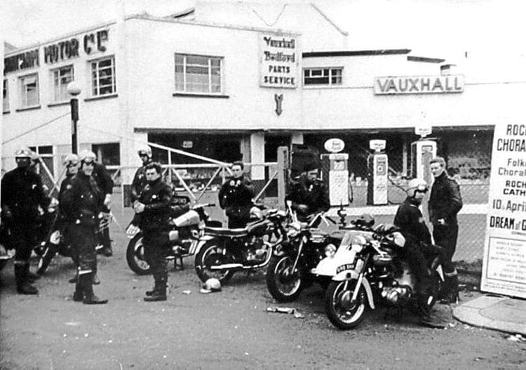 Members of the Medway branch of the Triumph Owners’ Club meet by the Chatham Motor Co premises in April 1965, before setting off to the club’s annual general meeting at Meriden.