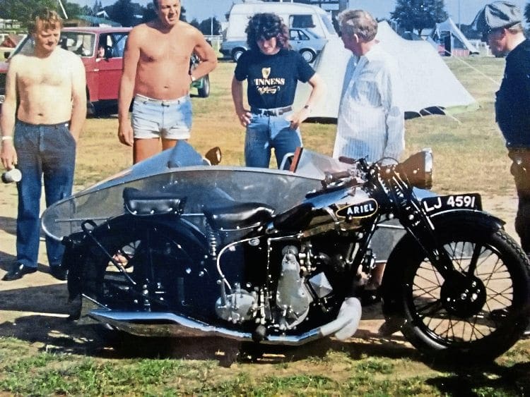 Caption This lusty 1930-31 557cc side valve Ariel SB, with its gorgeous aluminium sidecar, was pictured at an Ariel Club rally in the 1980s.
