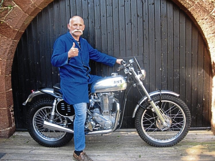John McCrink looks well pleased with his beautifully-rebuilt and now road-legal BSA Gold Star scrambler. 