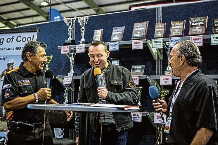Steve Plater tries (unsuccessfully!) to keep popular guest stars Dave Aldana and Gene Romero on track during their on-stage appearances at the Carole Nash Classic Motorcycle Mechanics Show at Stafford on October 16.