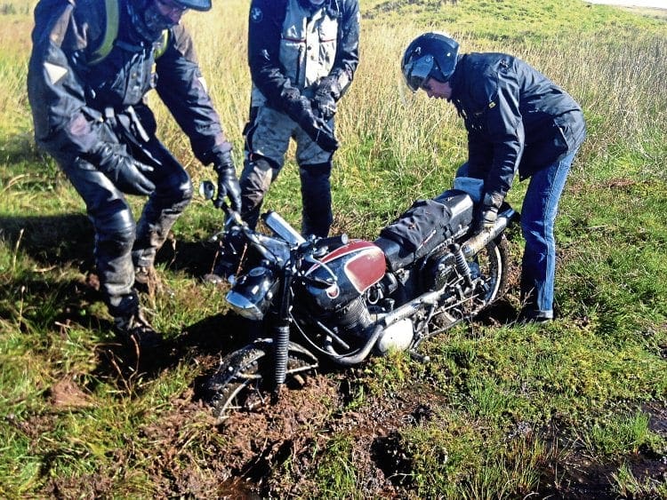 It’s that sinking feeling as a rare and beautiful Gilera gets caught in a bog during this year’s Beamish Trophy Trial. Photos by Phil Model.