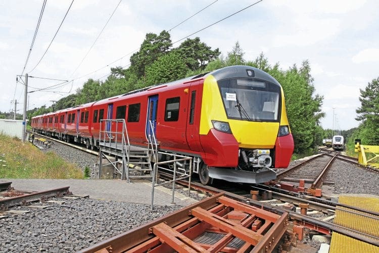 Set No. 707002 on the 6km test track at Wildenrath, Germany, on July 15. The line in front of the unit connects the test centre to the Deutsche Bahn network. Both pictures: Chris Milner 