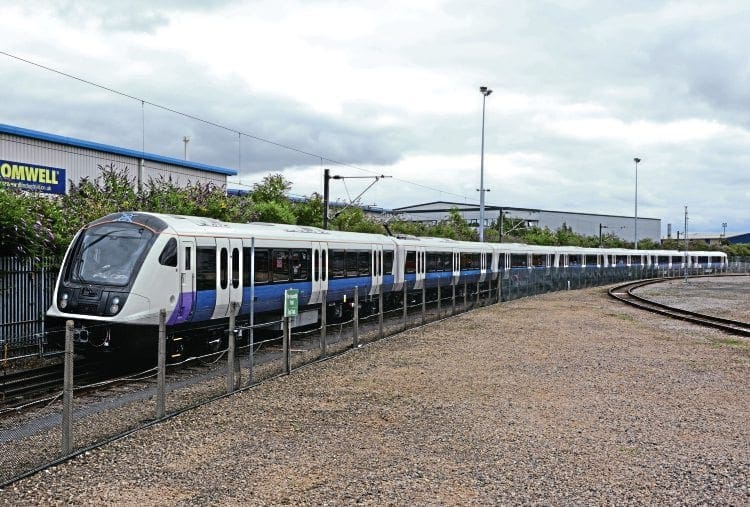 Unit No. 345001, the first of the 66-strong fleet, was shown off on the Bombardier test track in Derby on July 29. The unit has seven cars (Nos. 340101, 340201, 340301, 340501, 340701, 340801 and 340901) for use on initial Liverpool Street to Shenfield services from May next year, but will eventually be lengthened to nine cars for the full cross-London service from 2019. All photos by Paul Bickerdyke 