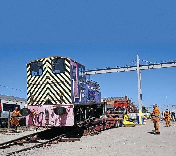 No. 03179, wearing its fifth and so far final livery of First Capital Connect, gets ready to leave Hornsey depot on July 19, its 54-year main line career over and a new home in preservation at Rushden ahead. Andy West/Rushden Transport Museum